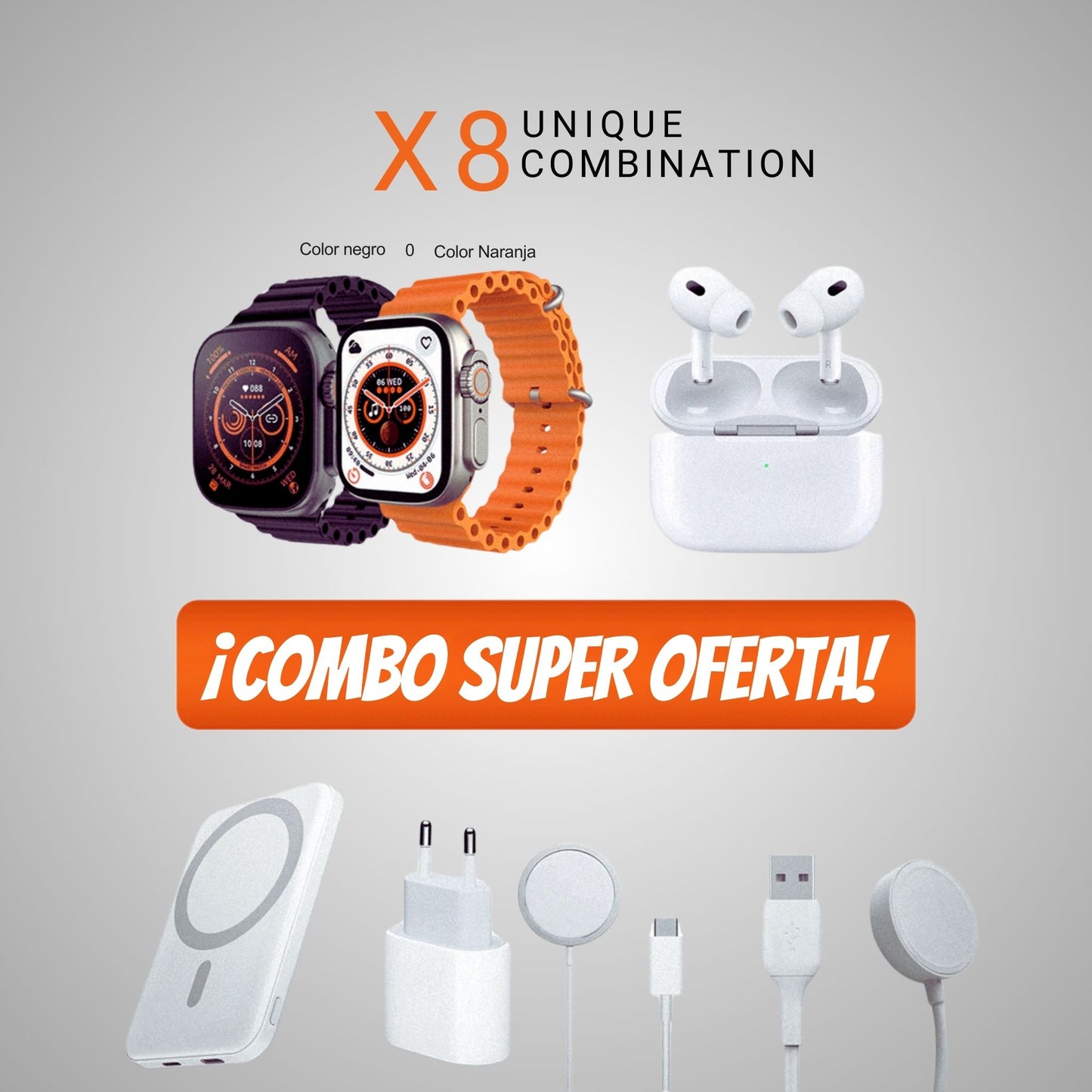 🔥 ÚLTIMAS UNIDADES COMBO SMARTWATCH + AIRPODS + CARGADOR X8 – ¡OFERTA IMPERDIBLE! 🔥