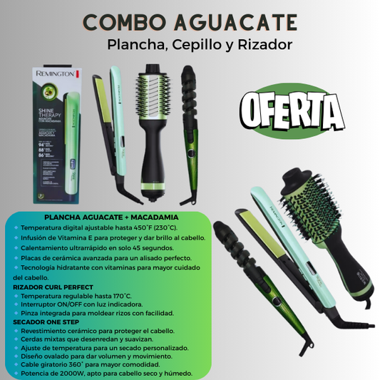 Combo Aguacate – Plancha, Cepillo y Rizador